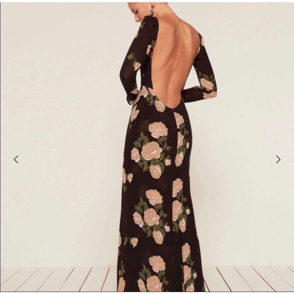 Reformation Rome in Venus Floral Open Back Long-Sleeve Maxi Dress with train
